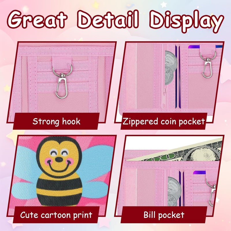 Sundee RFID Blocking Wallet,3 Packs Kids Wallet Bulk,Mini Trifold Coin Purse Cartoon Wallet,Front Pocket Wallet with Zipper for Kids,Canvas Outdoor Sports Wallets with Magic Sticker - Pink Cart - Image 2
